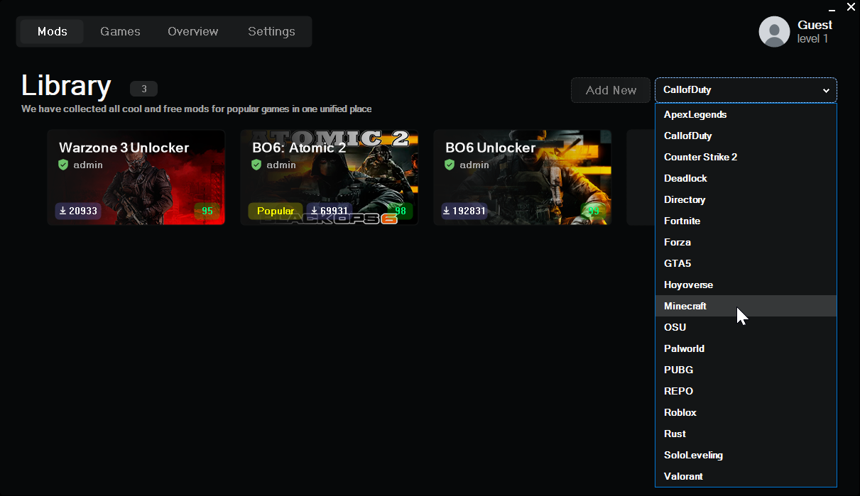 Game mod library view